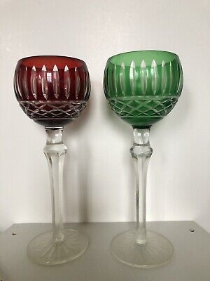 VINTAGE CZECH Cut Glass CRYSTAL COLOR WINE GLASS Red Green