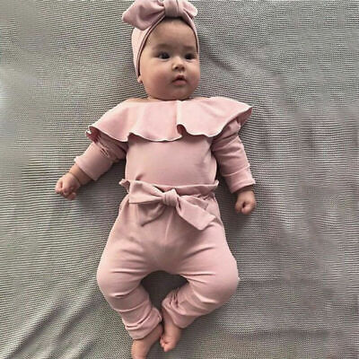 Newborn Infant Baby Girls Frill Solid Romper Bodysuit Bow Pant Outfits Clothes
