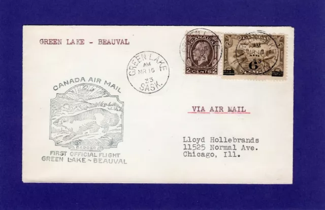 Canada Green Lake to Beauval  First Air Mail Flight Cover 1933 AR254