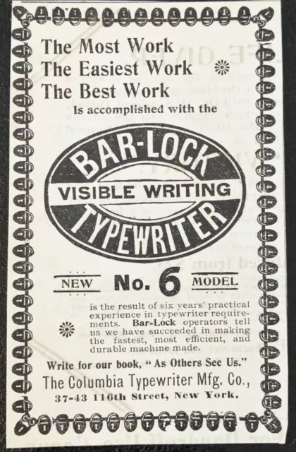 8-1895 COLUMBIA BAR-LOCK VISIBLE WRITING TYPEWRITER Vtg Print Ad~NEW No.6 Model