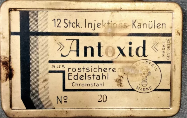 Uralte Injektions Kanülen „ ANTOXID „ Drei Pfeile No.: 20 in original Blechdose