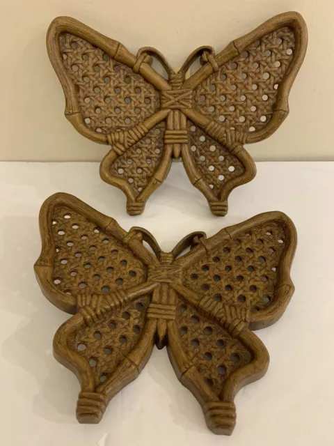 Vintage Burwood HOMCO Butterfly Wall Art Set 2 Brown Faux Wicker Wood 1980’s MCM