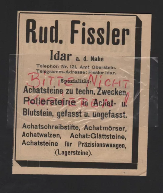 IDAR/NAHE, Werbung 1909, Rud. Fissler Achatwarenfabrik