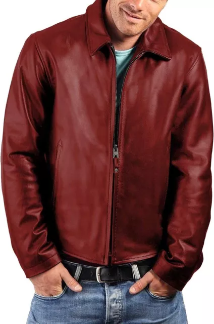 Neuf Homme Rouge Foncé Veste Cuir 100% Véritable Souple Agneau Décontracté