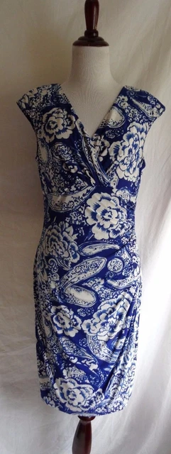 Lauren Ralph Lauren 10 Blue & White Victorian Flower Paisley Draped Ruched Dress