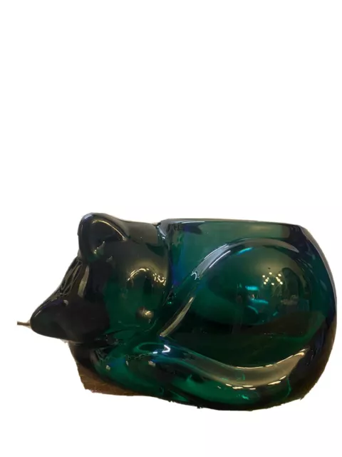 Indiana Glass Sleeping Cat Emerald Green Votive Candle Holder Paperweight Kitty