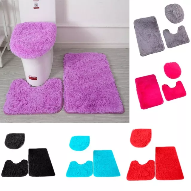 3pcs Bathroom Mat Set Nonslip Washable Fluffy Toilet Cover Pedestal Rug Bath Mat