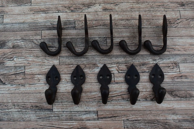 10p Vtg Cast Iron Hat Coat Pan Pot Hanging Acorn Tip Kitchen Hook Barn House Dco