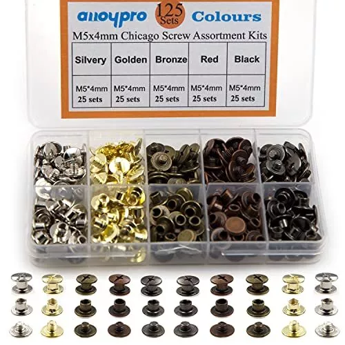 125 Sets Chicago Screws Assorted Kit 5 Color Leather Rivets Screw Rivets Flat Fi