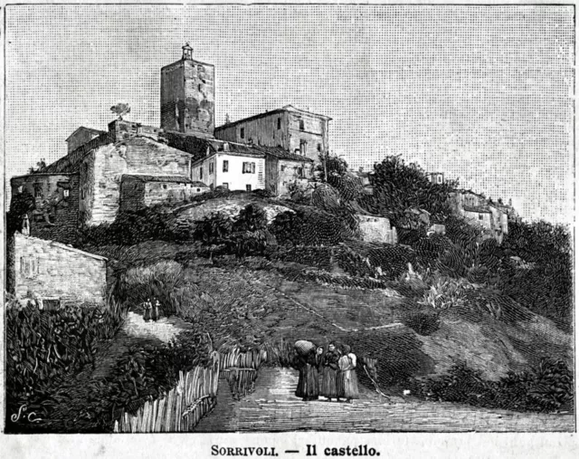 Castello di Sorrivoli. Roncofreddo.Stampa antica di 125 anni + passepartout.1897