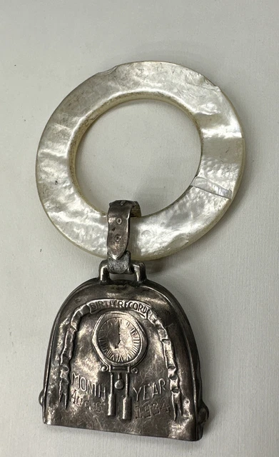 Antique Aug 1934 Engraved Sterling Silver And Mother Of Pearl Baby Teething Ring