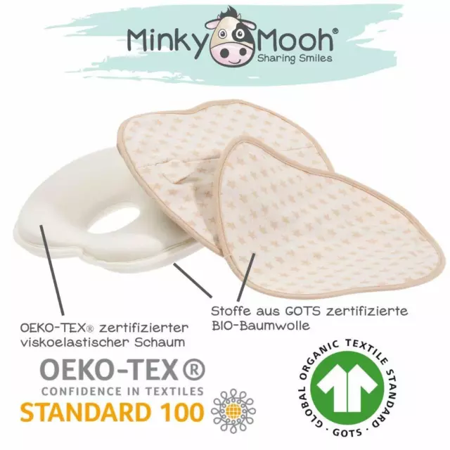 Oreiller bébé ergonomique Minky Mooh avec 2 housses en coton 100 % biologique