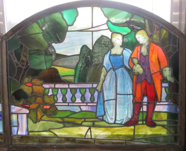 OLD ENGLISH LEADED STAINED GLASS WINDOW Love Scene 35.5" x 29.5"