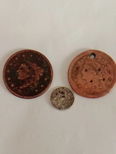 Old Coins 1835 + 1851 USA Liberty Head Penny and 1859 Silver Union Sheild 3cent