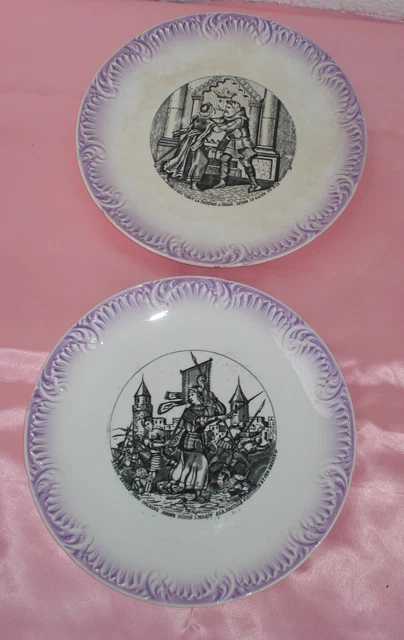 2 anciennes assiettes parlantes Jeanne d'Arc Digoin Sarreguemines