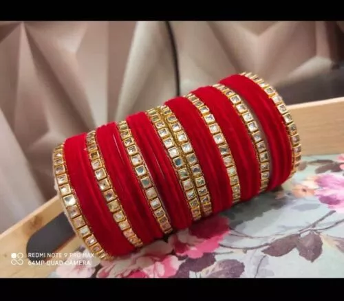 32 Teile Roter Samt Glas Armreif Kundan Kada Braut Armreif Set Mädchen/Damen