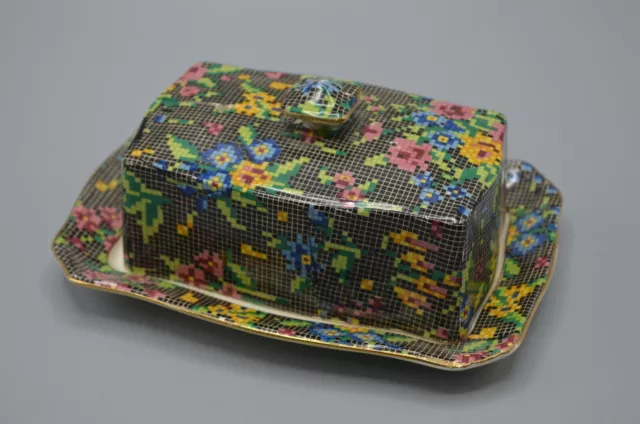 Royal Winton Grimwades Victorian Chintz Covered Butter Dish Petit Point Black