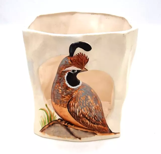 Sandstone Pottery Arizona Hand Sculpted Paper Bag Vase with Quail Bird Signed