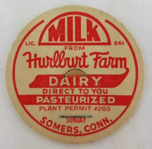Vintage Milk Cap Hurlburt Farm Dairy Somers, Conn. A2-146.  Z