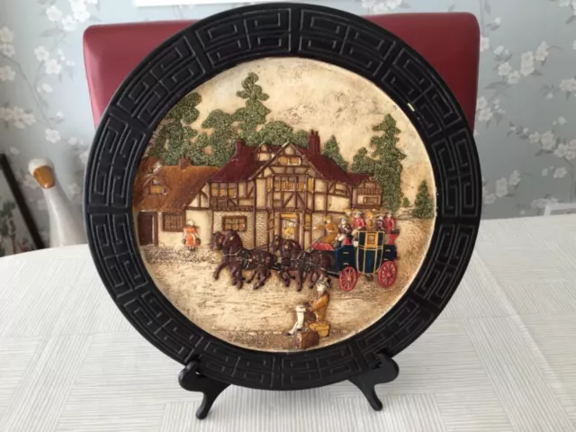 Antique Large Bretby Wall Plaque  With A Coaching Scene Circa 1900 With Stand