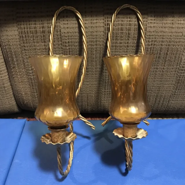 Vtg Home Interiors Set Of 2 Metal Wall Sconces Gold/Brass Twisted Rope Design