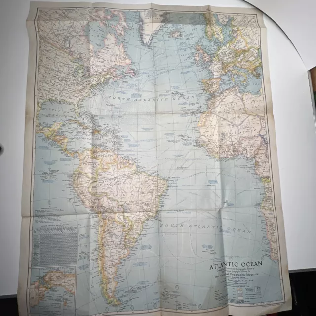 1941 National Geographic Society Map Of the Atlantic Ocean - Original. WW2 Era