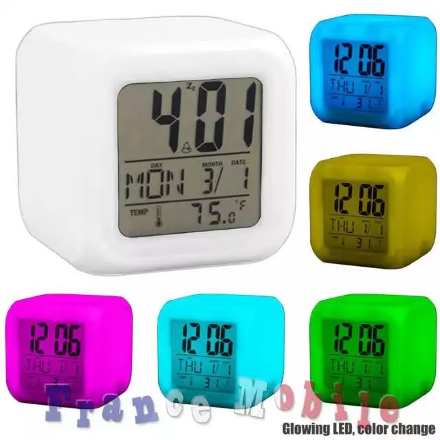 Couleurs LED Reveil Cube Lumineux LCD Horloge Veilleuse + Date Temperature Blanc