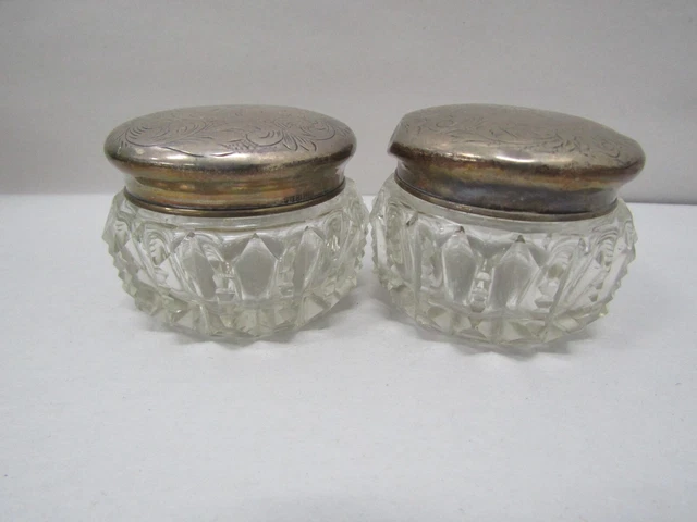 ANTIQUE Sterling Silver and Etched Glass Vanity Jars- Set of 2 3