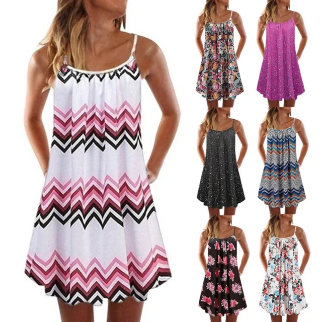 Women's Sundress Summer Strap Mini Loose Pleated Sleeveless Beach Short Dresses