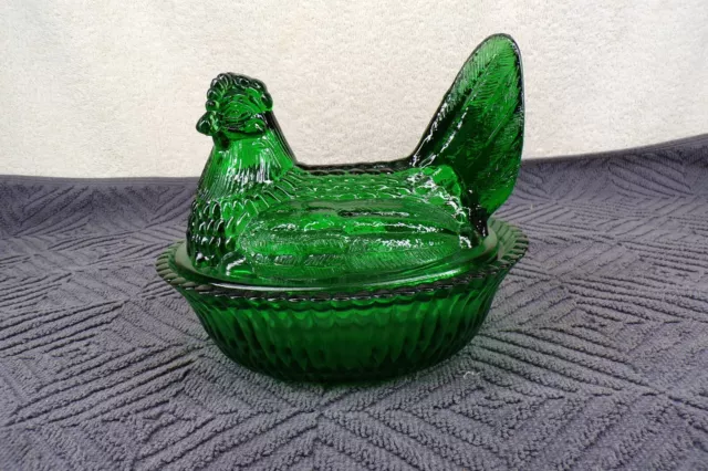 Vintage Glass Hen On Nest Chicken In Green Color Candy Dish,