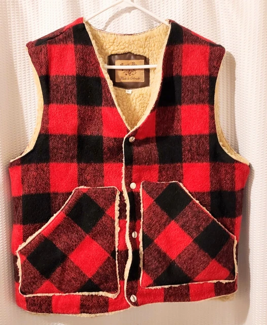Vintage Trail Boss Plaid Vest, sherpa lined, wool blend, sz Large, Colorado