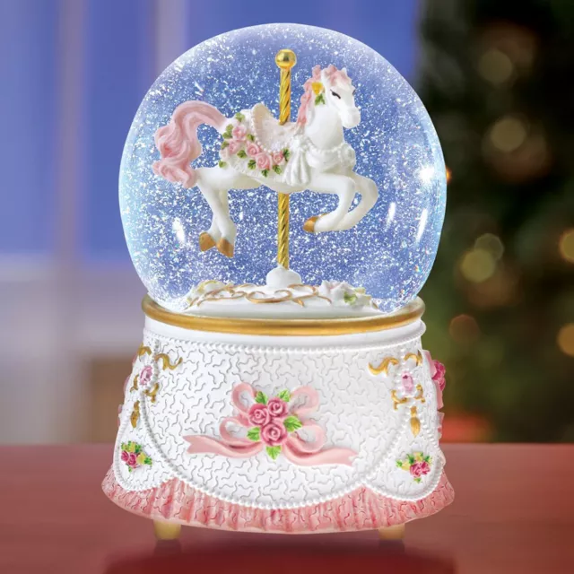 Musical Rotating Carousel Horse with Pink Roses Snow Globe Tabletop Home Decor