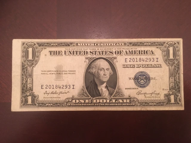 1935 E Silver Certificate One Dollar Note. Blue Seal. Off Set print E20184293I