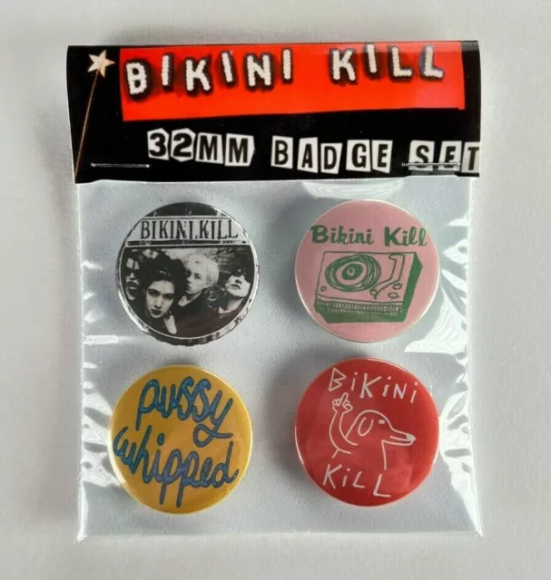 Bikini Kill badges 4 x 32mm badge set metal pin back buttons in gift packaging