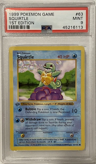 Squirtle 1st Edition Shadowless Grey Stamp Rare PSA 9 63/102 Graded Pokémon Card