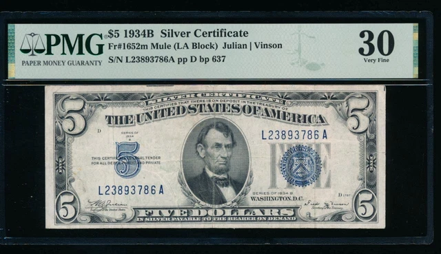 AC 1934B $5 Silver Certificate PMG 30 comment mule late back plate 637 Fr 1652