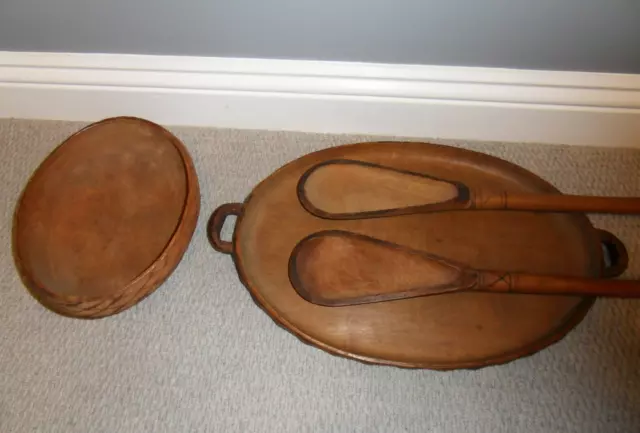 Large Vintage Antique Hand Carved Wooden ceremonial spoons bowl platter paddles