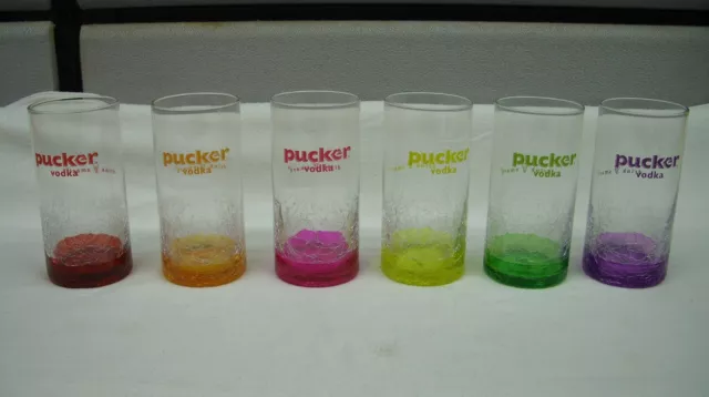 Pucker Flavored Vodka - 6 Piece Multi-Color Promo Barware Crackled Glass Set New