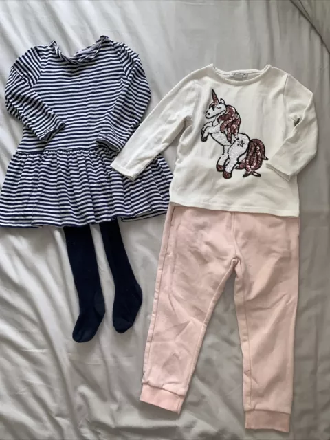 Girls Bundle Age 3-4 Years  Dress & Tights + Sequin Unicorn Top & Joggers (d12)