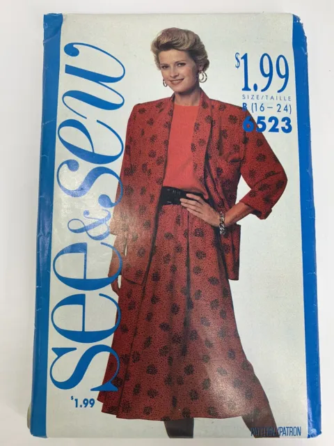 BUTTERICK See & Sew 6523 Sewing Pattern Size 16- 24 UNCUT Jacket, Top, Skirt '88