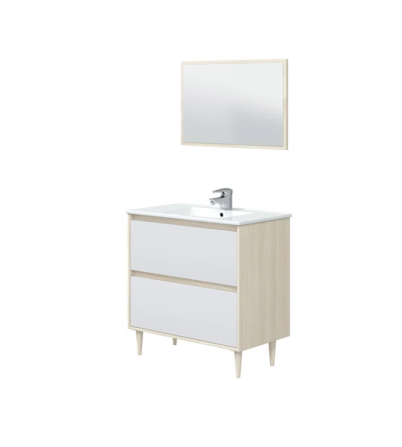 Composizione Bagno "Verona" Con Specchio Bianco E Rovere, 80X45X80 Cm