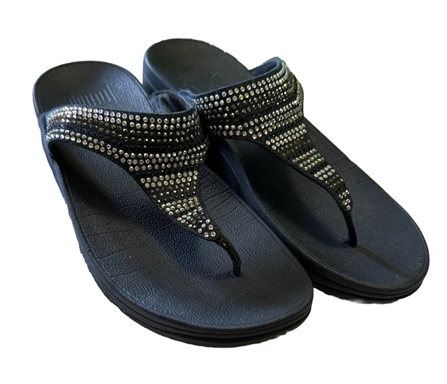 FitFlop Rhinestone Lulu Crystal Embellished Toe-Post Navy Blue Sandal Size 8 EUC
