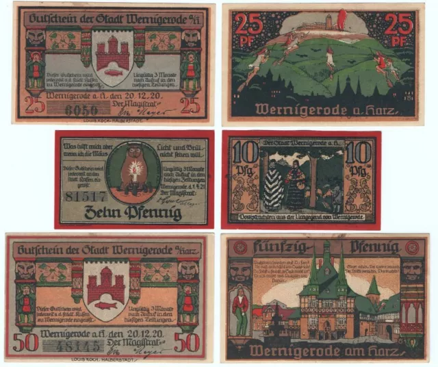 💙WERNIGERODE 1920: "Volkstrachten • Rathaus • Brocken-Hexen", 3x NOTGELD