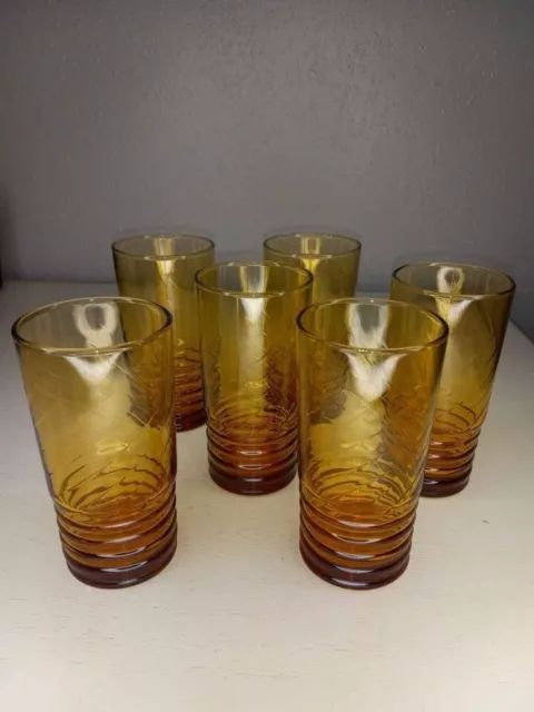 Libbey Amber Yellow Glass Tumblers Set of 6 Vintage