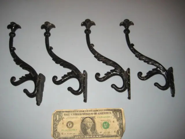 4 Vintage cast iron Hall Tree Coat Hooks Black 9" long Victorian style