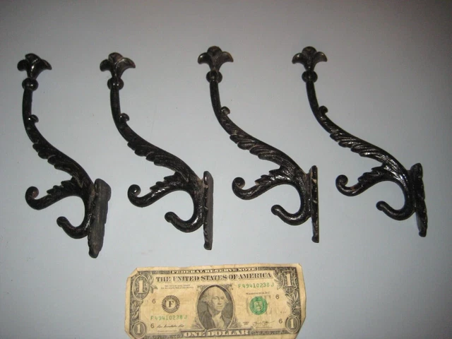 4 Vintage cast iron Hall Tree Coat Hooks Black 9" long Victorian style