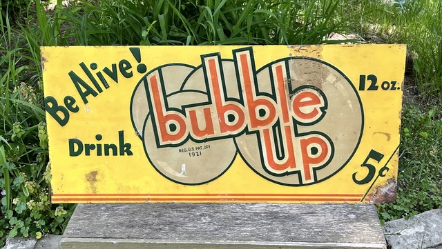 Vtg 1930s 40s Bubble Up Soda Pop 5¢ Advertising Embossed Metal Sign 27.25” Vtg 1930s 40s Bubble Up Soda Pop 5¢ Advertising Embossed Metal Sign 27.25”