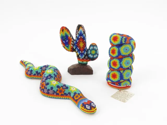Lot of 3 Mexican Folk Art Huichol Beaded Figures - Snakes and Cactus Wax on Wood