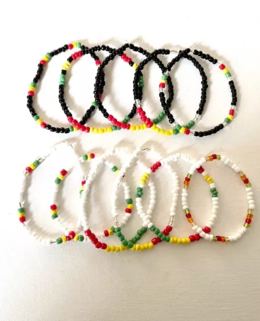 Handmade Jamaican, Rasta, Reggae, African Glass Seed Bead Elasticated Bracelet