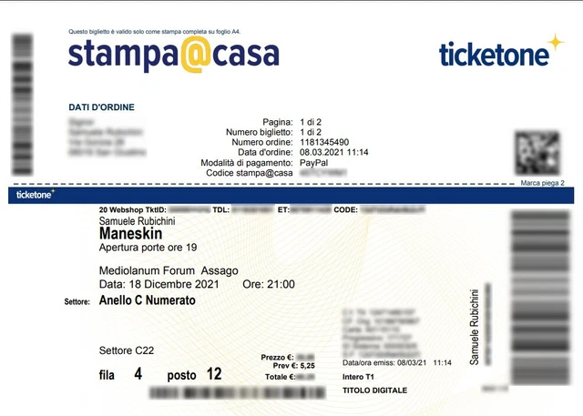 2 biglietti concerto MANESKIN, 4/04/2023 Mediolanum Forum Assago (MI)